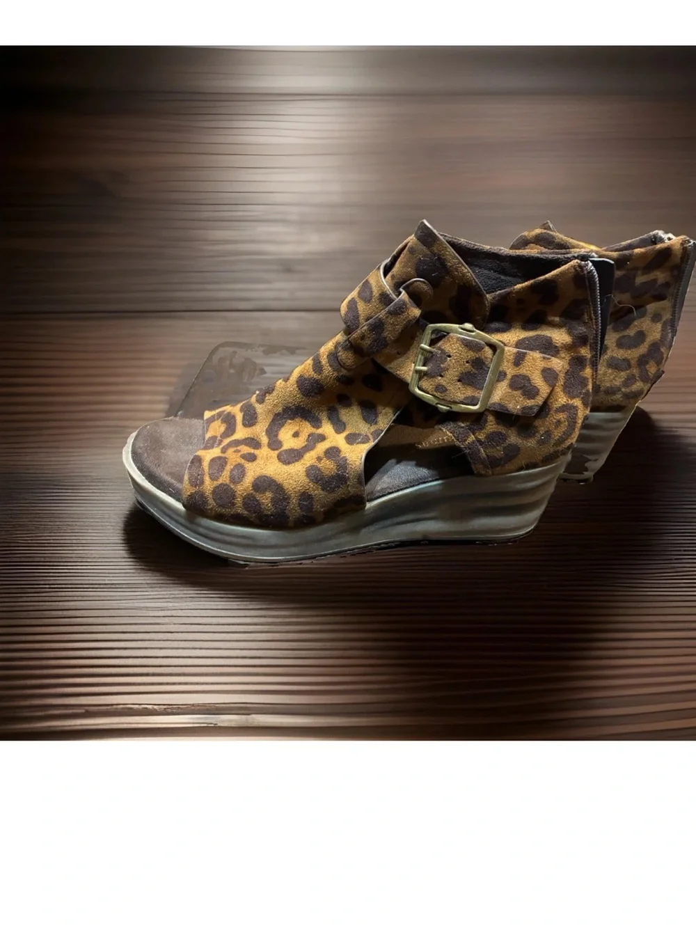 Pierre Dumas Leopard Print Wedge Sandals in Tan and Black